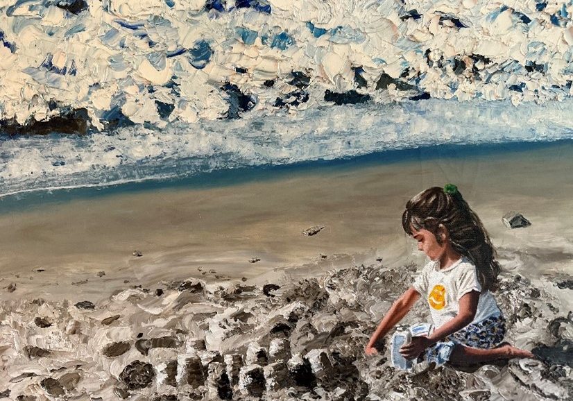 painting by artist Mary Saxe of a young girl playing in the sand at the beach
