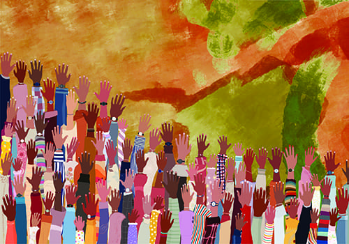 Group of raised hands and arms of many people of African or African American culture.